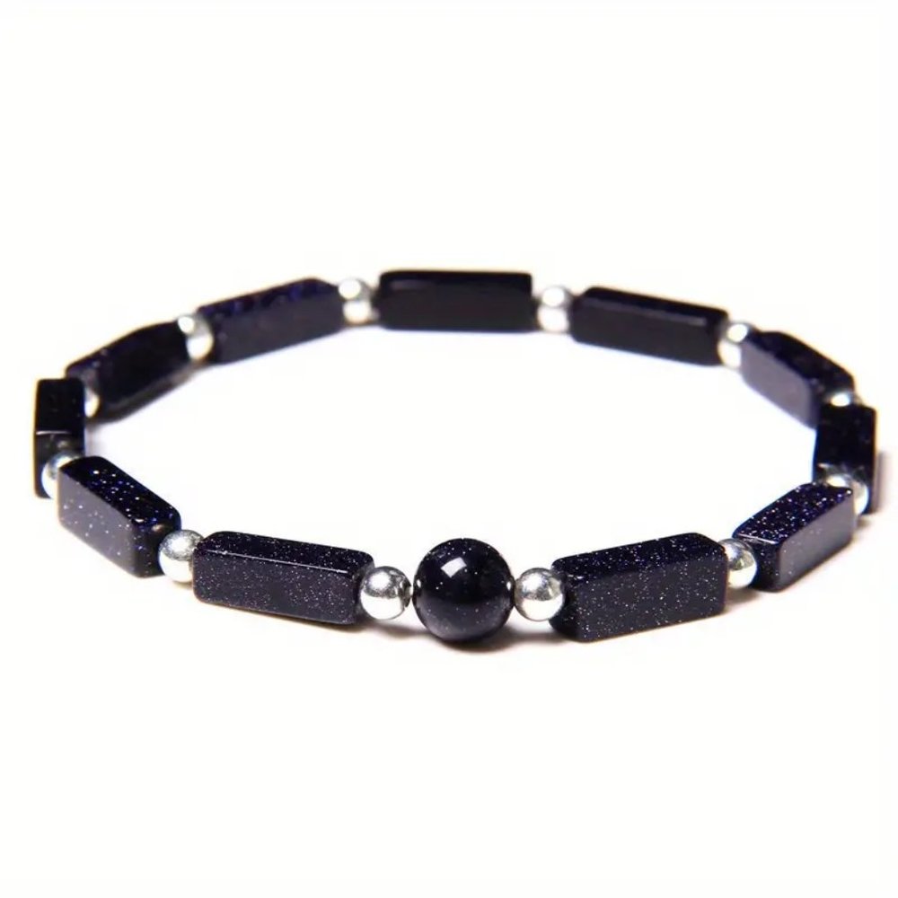 Blue Sandstone Natural Stone Rectangular Beads Stretchable Bracelet Woven Beaded